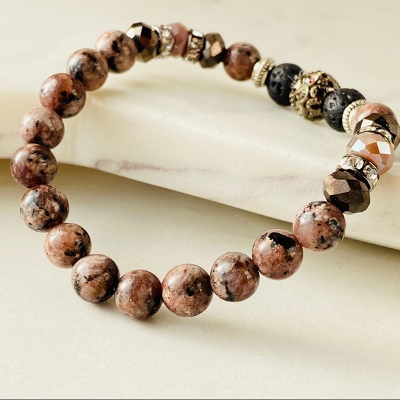 Rhodochrosite Gemstone Beaded Stretchy Bracelet - Picture 3 of 3